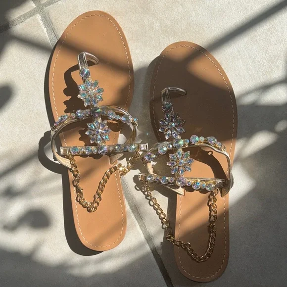 New Sandals Jeweled Bling Ankle Bracelet Slides 43 BRAND NEW Women's Size 12 - Picture 7 of 10